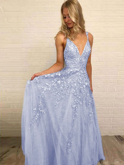 A-Line V-neck Sleeveless Floor-Length With Applique Tulle Prom Dress