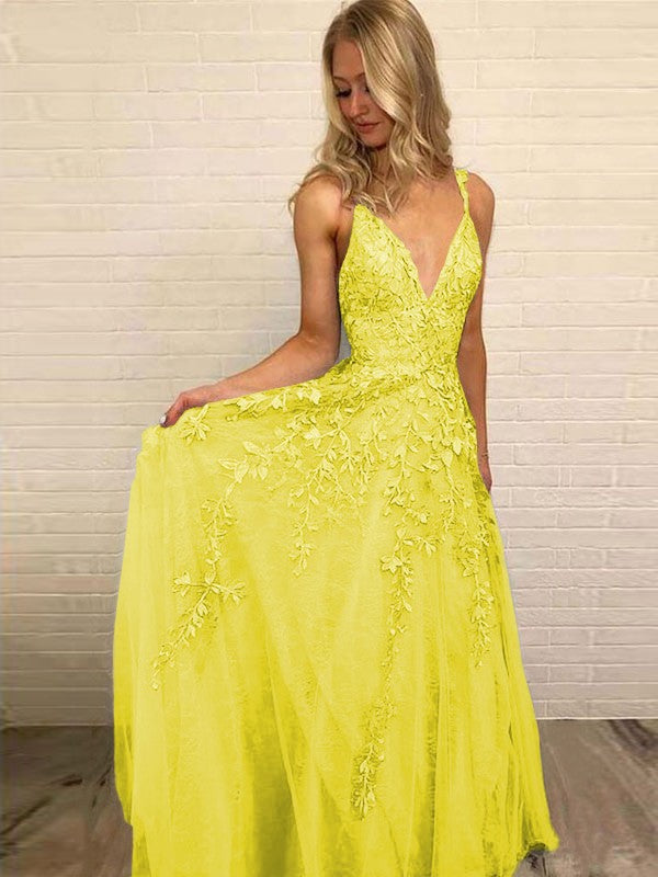A-Line V-neck Sleeveless Floor-Length With Applique Tulle Prom Dress