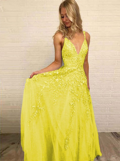 A-Line V-neck Sleeveless Floor-Length With Applique Tulle Prom Dress
