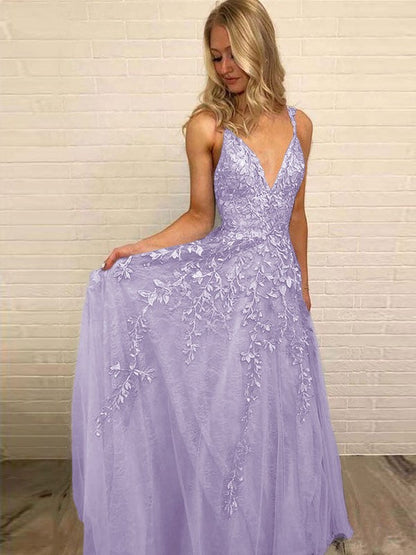 A-Line V-neck Sleeveless Floor-Length With Applique Tulle Prom Dress