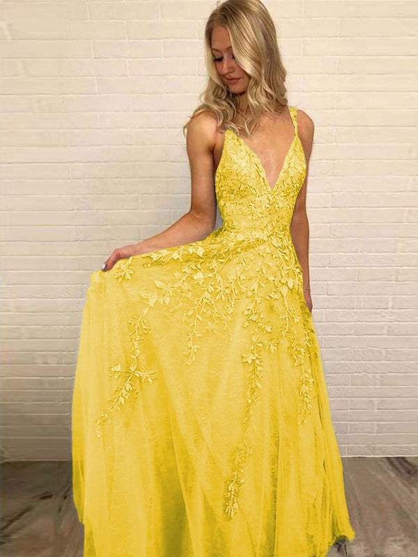 A-Line V-neck Sleeveless Floor-Length With Applique Tulle Prom Dress