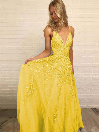 A-Line V-neck Sleeveless Floor-Length With Applique Tulle Prom Dress