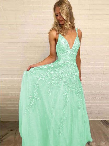 A-Line V-neck Sleeveless Floor-Length With Applique Tulle Prom Dress
