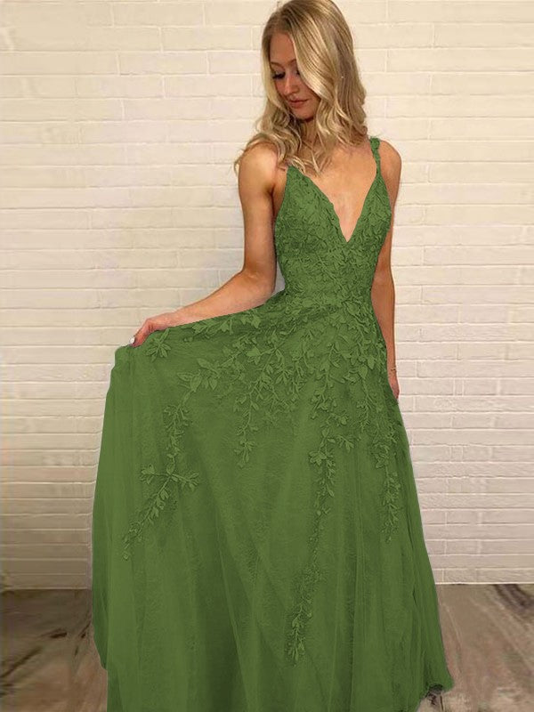 A-Line V-neck Sleeveless Floor-Length With Applique Tulle Prom Dress