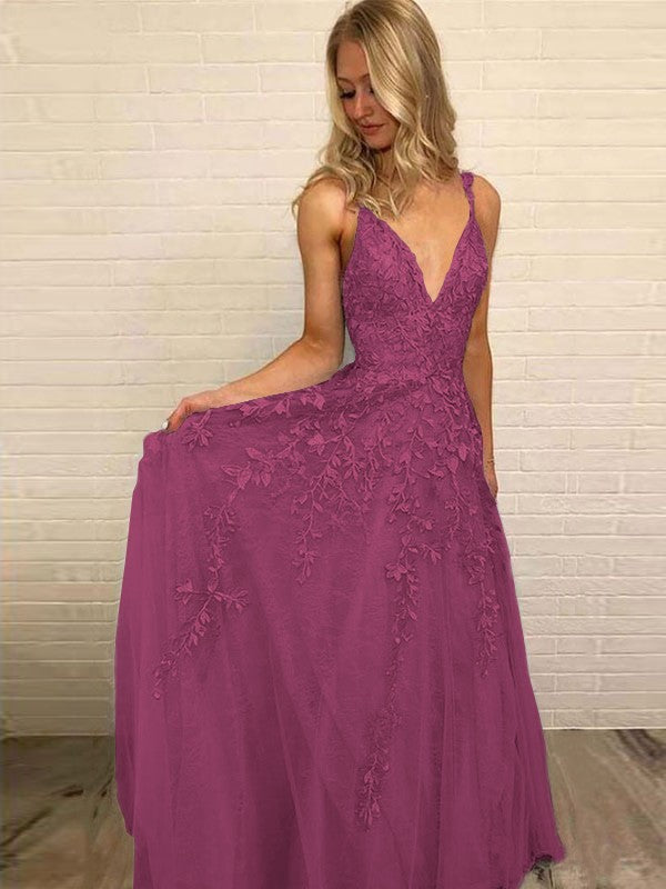 A-Line V-neck Sleeveless Floor-Length With Applique Tulle Prom Dress