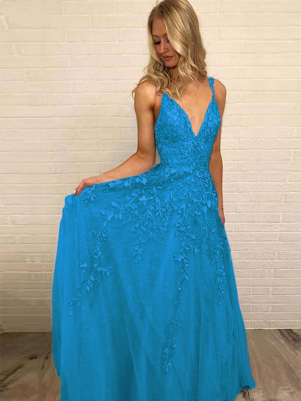 A-Line V-neck Sleeveless Floor-Length With Applique Tulle Prom Dress