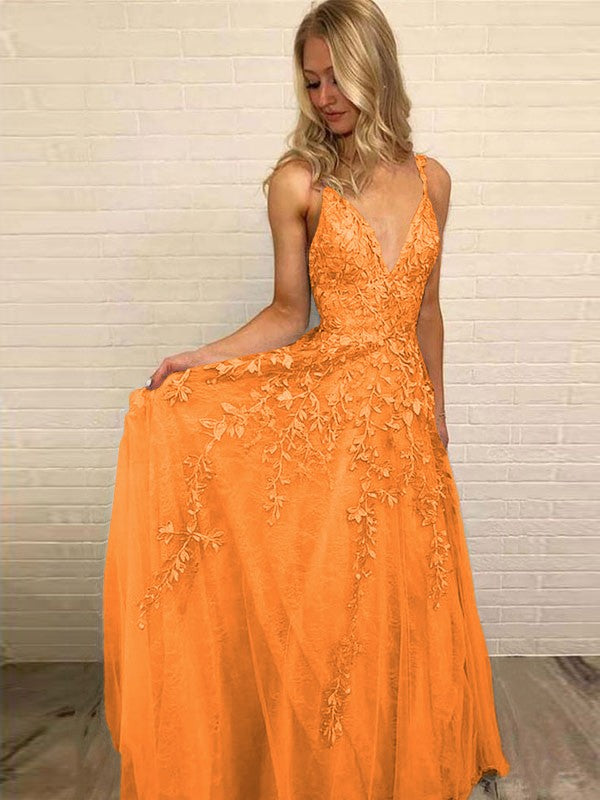 A-Line V-neck Sleeveless Floor-Length With Applique Tulle Prom Dress