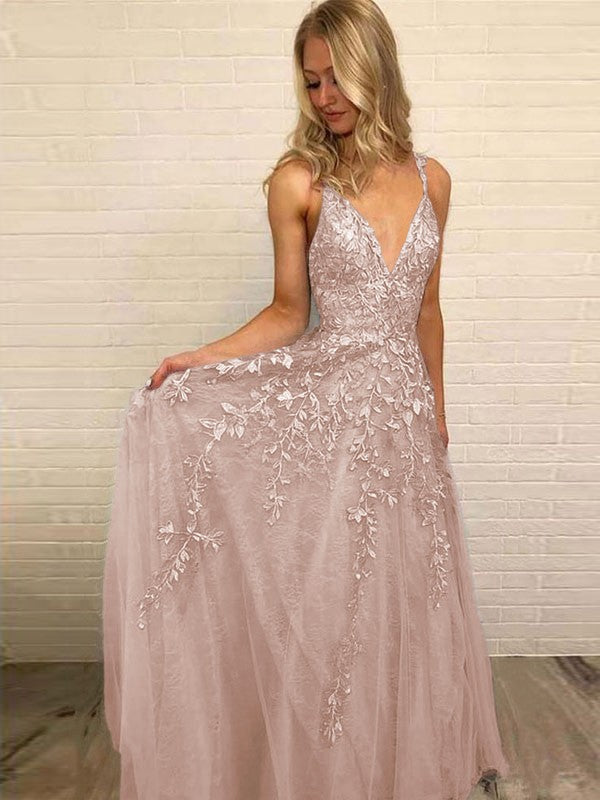 A-Line V-neck Sleeveless Floor-Length With Applique Tulle Prom Dress