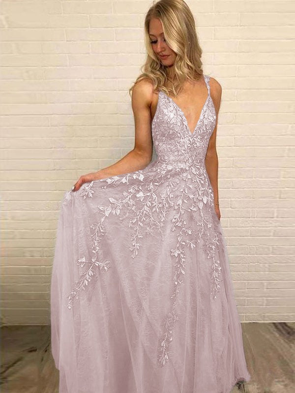 A-Line V-neck Sleeveless Floor-Length With Applique Tulle Prom Dress