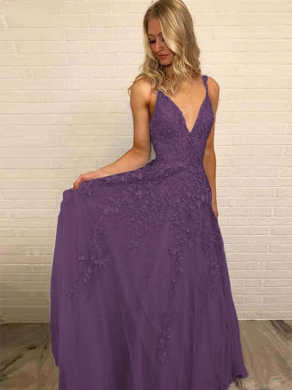 A-Line V-neck Sleeveless Floor-Length With Applique Tulle Prom Dress