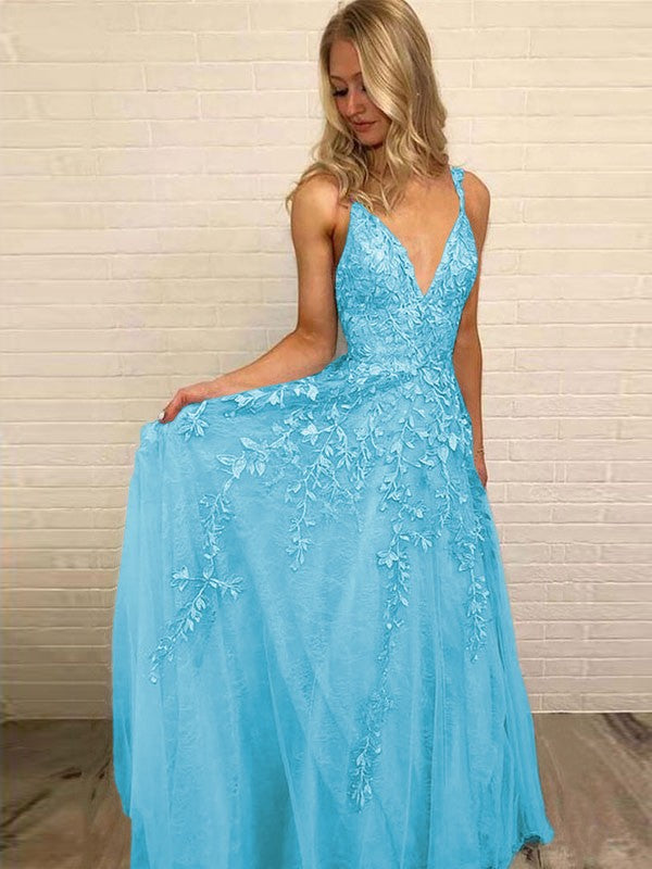 A-Line V-neck Sleeveless Floor-Length With Applique Tulle Prom Dress