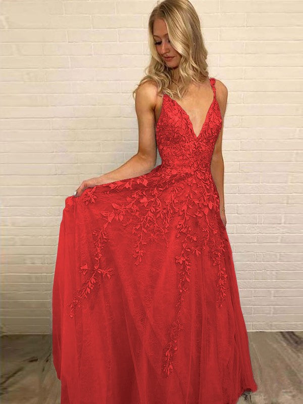 A-Line V-neck Sleeveless Floor-Length With Applique Tulle Prom Dress