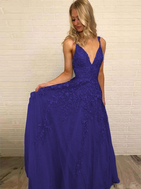 A-Line V-neck Sleeveless Floor-Length With Applique Tulle Prom Dress