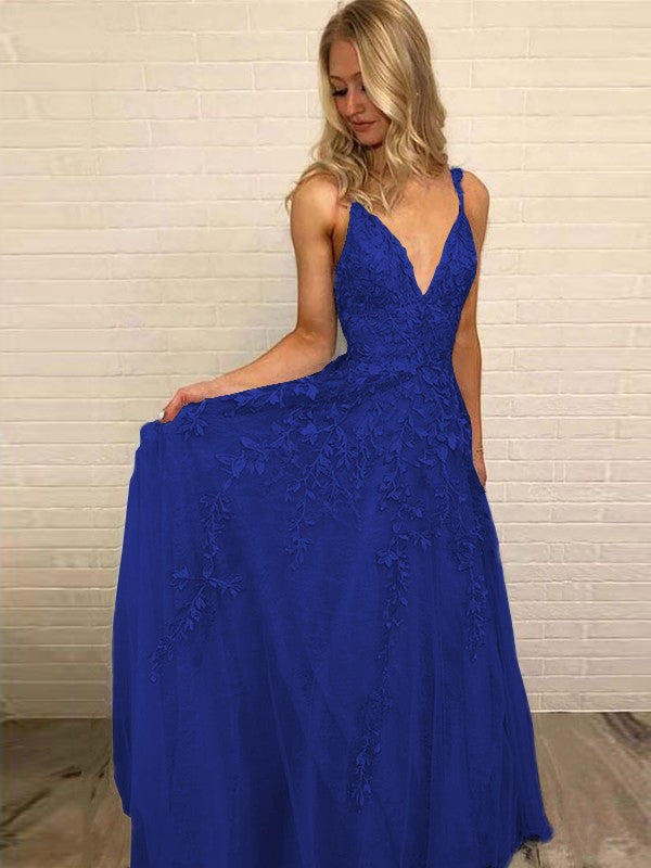 A-Line V-neck Sleeveless Floor-Length With Applique Tulle Prom Dress