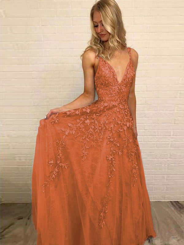 A-Line V-neck Sleeveless Floor-Length With Applique Tulle Prom Dress