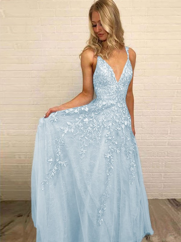 A-Line V-neck Sleeveless Floor-Length With Applique Tulle Prom Dress