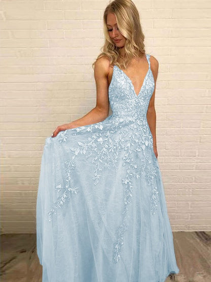 A-Line V-neck Sleeveless Floor-Length With Applique Tulle Prom Dress