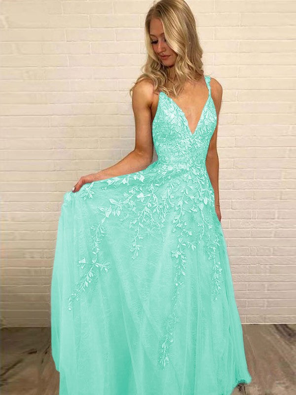 A-Line V-neck Sleeveless Floor-Length With Applique Tulle Prom Dress