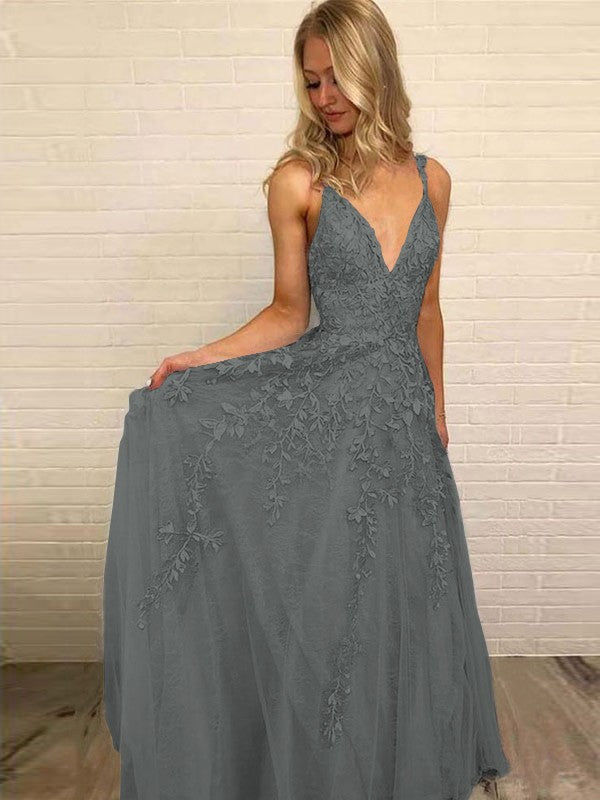A-Line V-neck Sleeveless Floor-Length With Applique Tulle Prom Dress