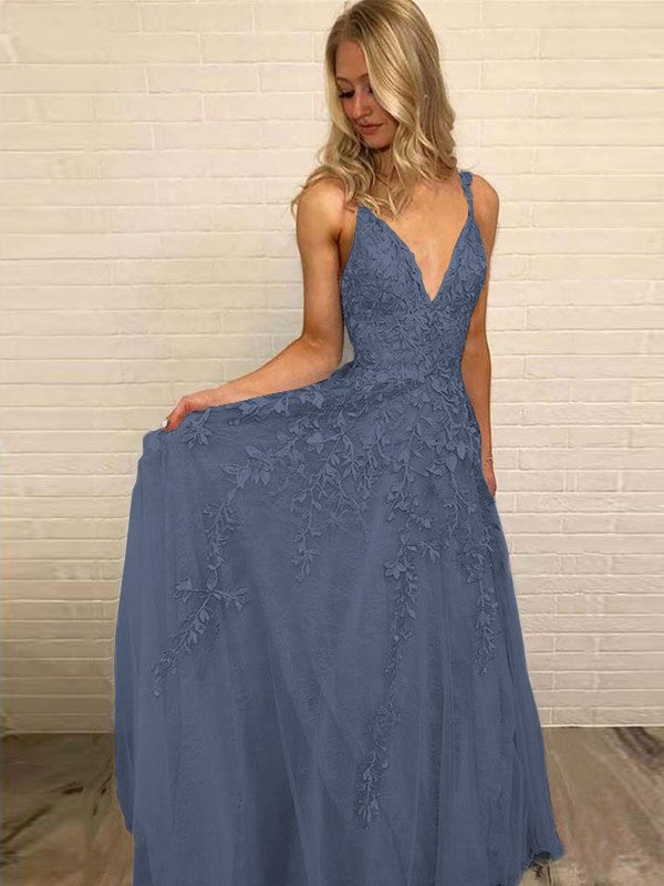A-Line V-neck Sleeveless Floor-Length With Applique Tulle Prom Dress
