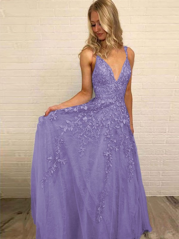 A-Line V-neck Sleeveless Floor-Length With Applique Tulle Prom Dress