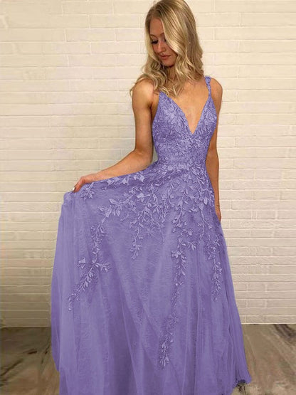A-Line V-neck Sleeveless Floor-Length With Applique Tulle Prom Dress