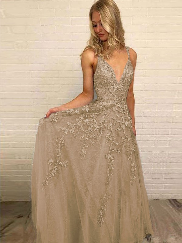 A-Line V-neck Sleeveless Floor-Length With Applique Tulle Prom Dress
