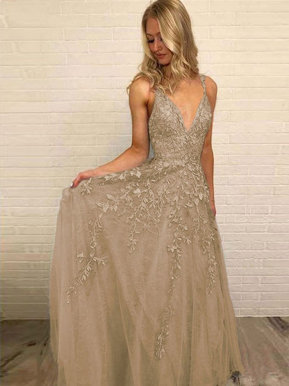 A-Line V-neck Sleeveless Floor-Length With Applique Tulle Prom Dress