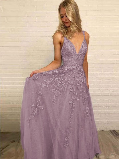 A-Line V-neck Sleeveless Floor-Length With Applique Tulle Prom Dress