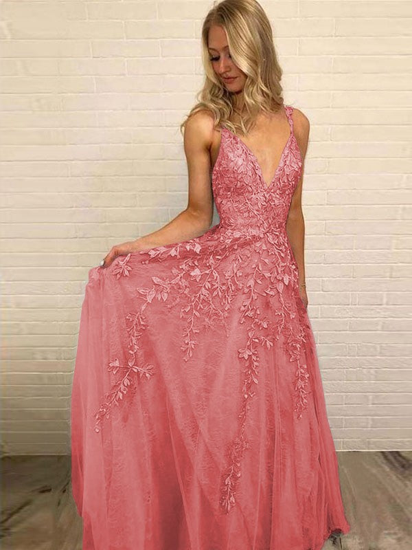 A-Line V-neck Sleeveless Floor-Length With Applique Tulle Prom Dress
