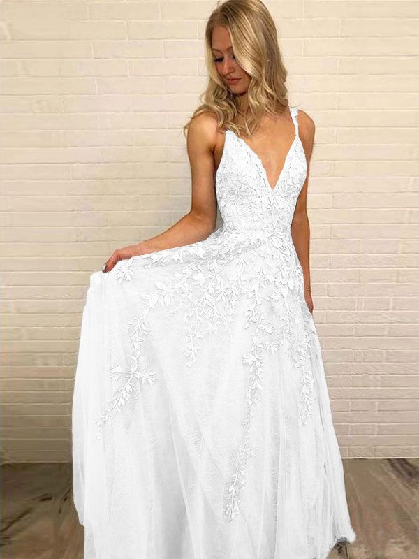 A-Line V-neck Sleeveless Floor-Length With Applique Tulle Prom Dress
