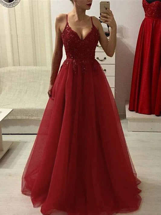 A-Line Spaghetti Straps Sleeveless Floor-Length With Applique Tulle Prom Dress