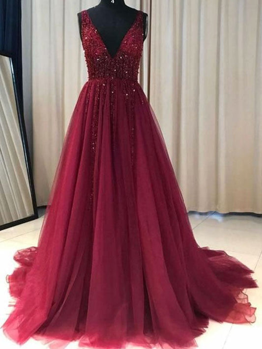 A-Line V-neck Sleeveless Sweep/Brush Train With Ruffles Tulle Prom Dress