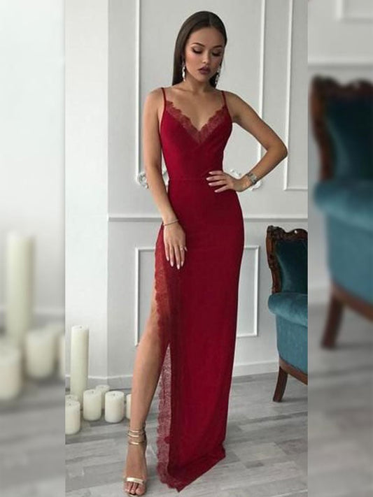 Sheath V-neck Sleeveless Floor-Length With Lace Chiffon Prom Dress