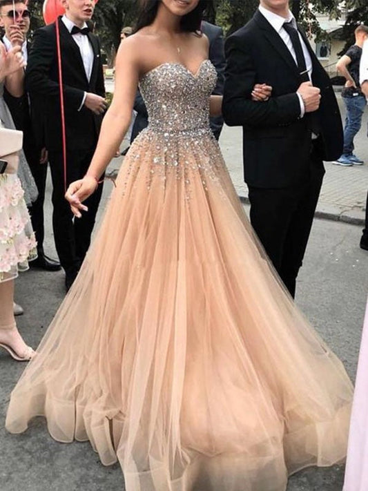 A-Line Sweetheart Sleeveless Sweep/Brush Train With Beading Tulle Prom Dress