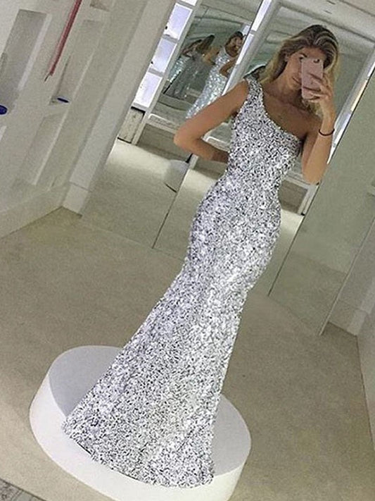 Sheath One-Shoulder Sleeveless Floor-Length With Ruffles Sequins Prom Dress
