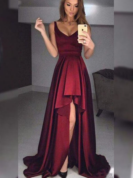 A-Line Sleeveless Straps Asymmetrical With Ruffles Satin Prom Dress