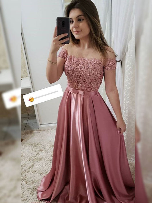 A-Line Sleeveless Off-the-Shoulder Sweep/Brush Train With Applique Satin Prom Dress