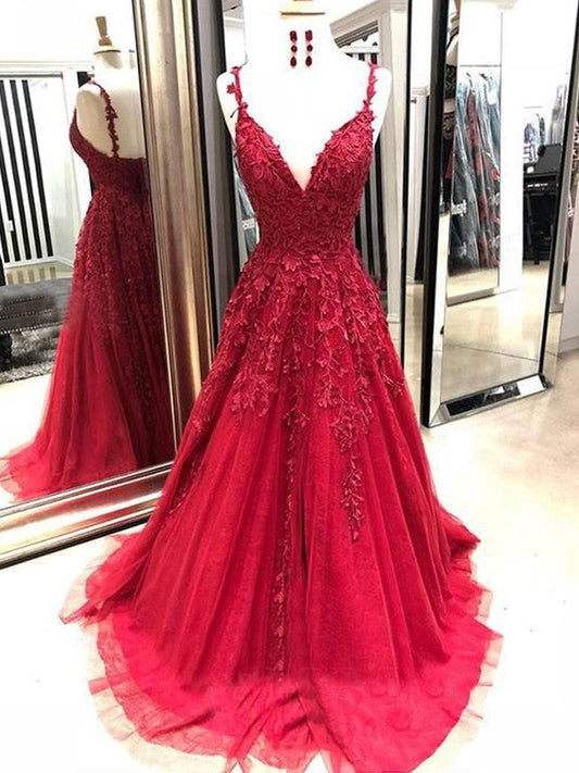 A-Line Tulle With Applique Spaghetti Straps Sleeveless Sweep/Brush Train Prom Dress