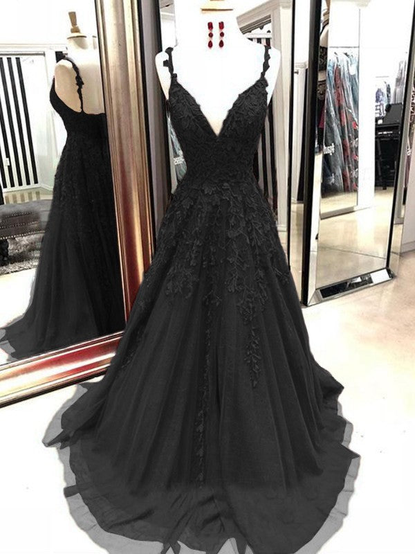 A-Line Tulle With Applique Spaghetti Straps Sleeveless Sweep/Brush Train Prom Dress