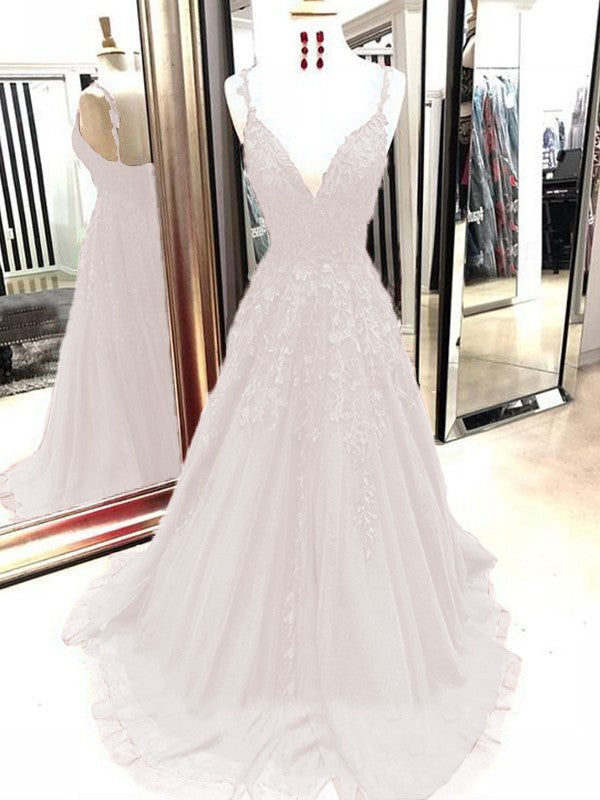 A-Line Tulle With Applique Spaghetti Straps Sleeveless Sweep/Brush Train Prom Dress