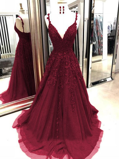 A-Line Tulle With Applique Spaghetti Straps Sleeveless Sweep/Brush Train Prom Dress