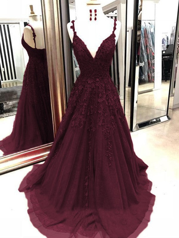 A-Line Tulle With Applique Spaghetti Straps Sleeveless Sweep/Brush Train Prom Dress