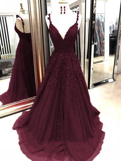 A-Line Tulle With Applique Spaghetti Straps Sleeveless Sweep/Brush Train Prom Dress
