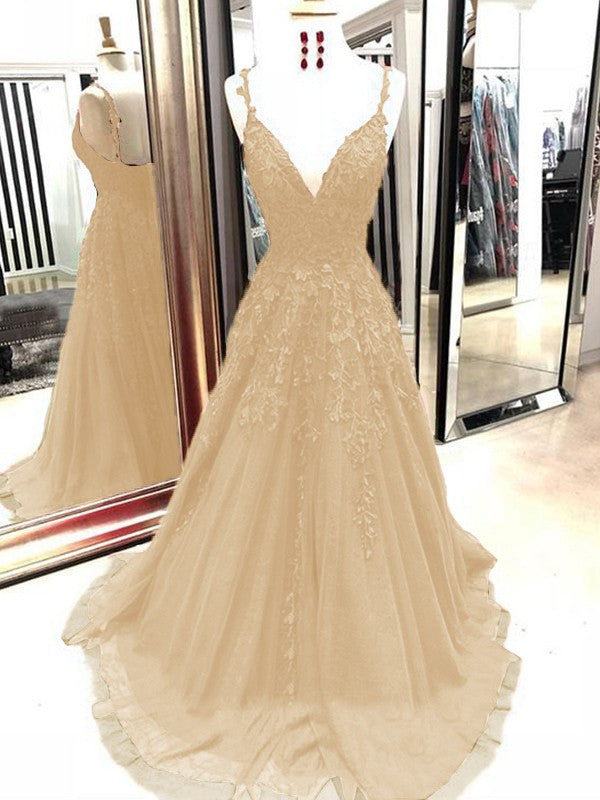 A-Line Tulle With Applique Spaghetti Straps Sleeveless Sweep/Brush Train Prom Dress