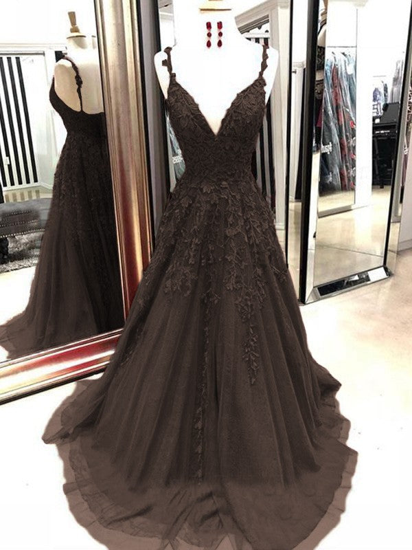 A-Line Tulle With Applique Spaghetti Straps Sleeveless Sweep/Brush Train Prom Dress