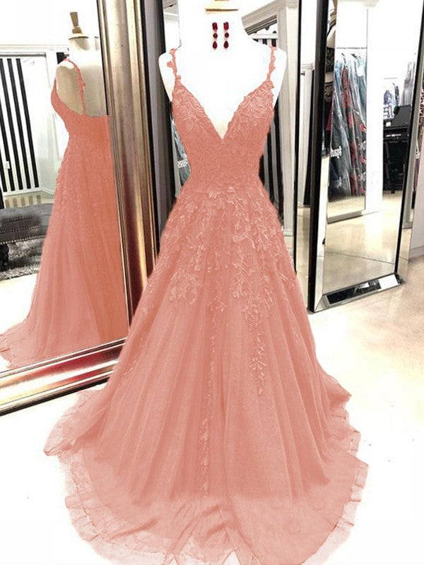 A-Line Tulle With Applique Spaghetti Straps Sleeveless Sweep/Brush Train Prom Dress