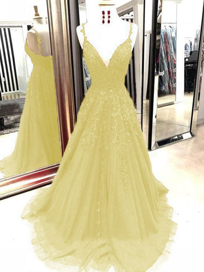 A-Line Tulle With Applique Spaghetti Straps Sleeveless Sweep/Brush Train Prom Dress