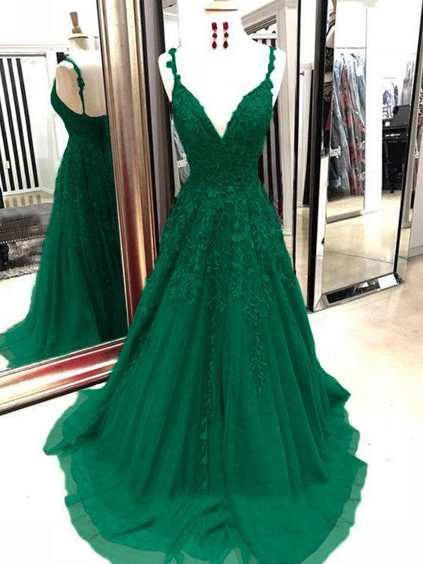 A-Line Tulle With Applique Spaghetti Straps Sleeveless Sweep/Brush Train Prom Dress