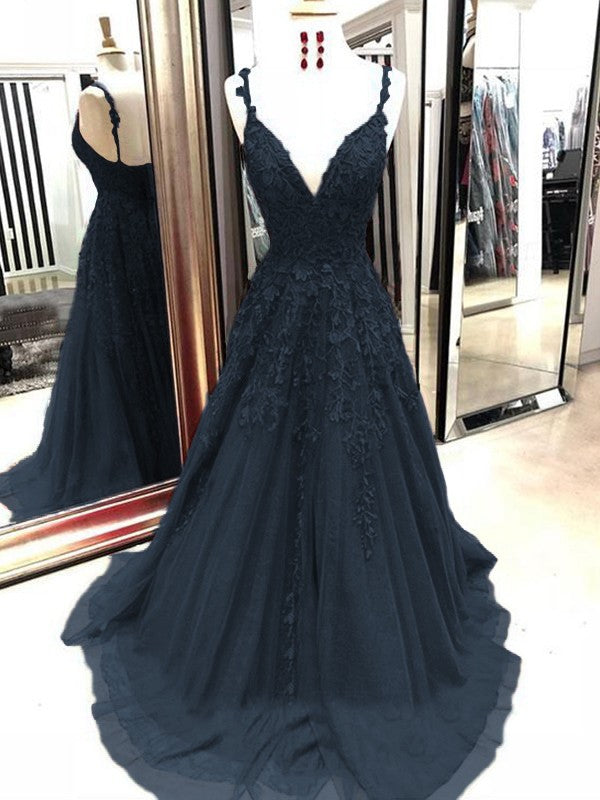 A-Line Tulle With Applique Spaghetti Straps Sleeveless Sweep/Brush Train Prom Dress